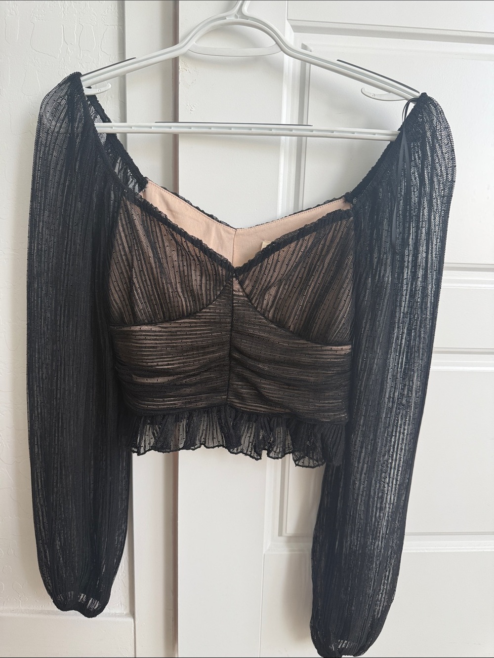 Meraki Black Sheer Puff Sleeve Crop Top with Nude Lining